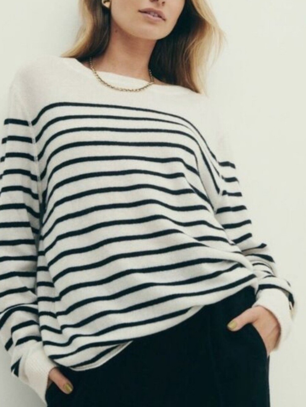 Reformation Cream & Black Striped Recycled Cashmere Crewneck Sweater size Small